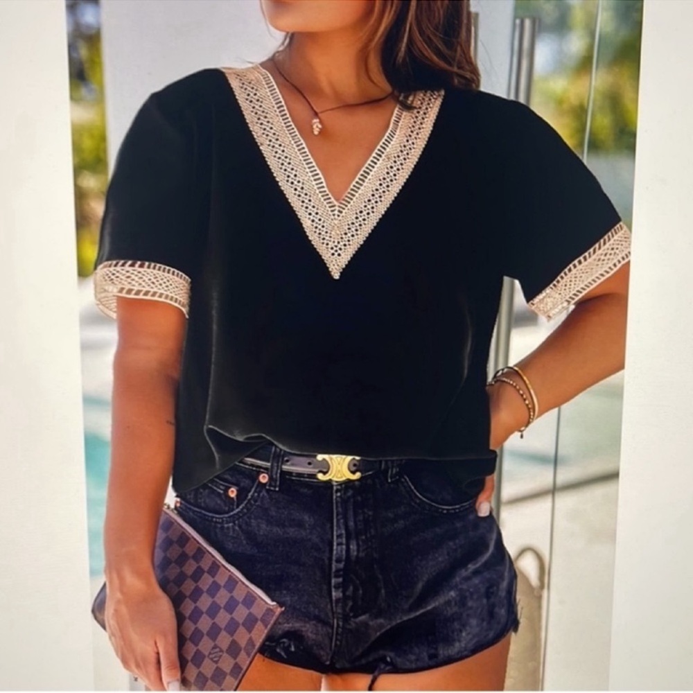Black V Neck Top Shirt Blouse with Cream Lace Trim Plus Size 2X